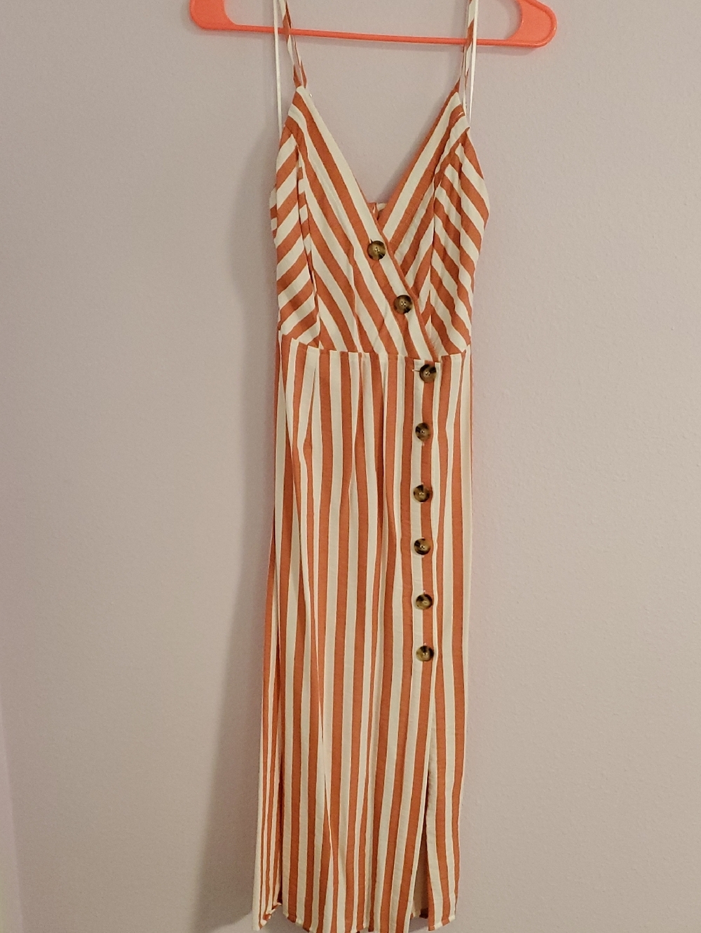 a.peach Orange and White Stripe Button-Front Wrap Dress